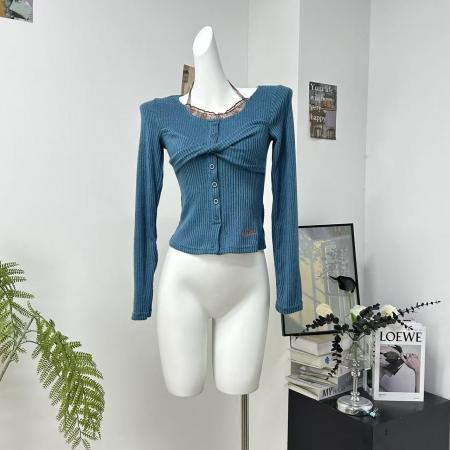 FA52866# 冬季新款原创打底衫撞色假两件修身扭结挂脖T恤女  服裝批發女裝批發服飾貨源