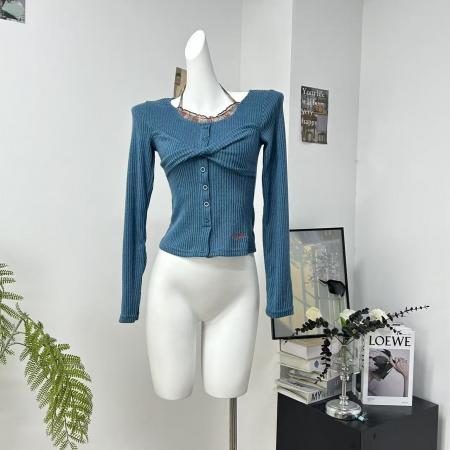 FA52866# 冬季新款原创打底衫撞色假两件修身扭结挂脖T恤女  服裝批發女裝批發服飾貨源