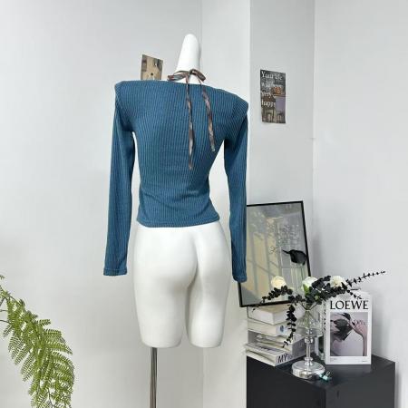 FA52866# 冬季新款原创打底衫撞色假两件修身扭结挂脖T恤女  服裝批發女裝批發服飾貨源