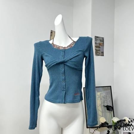 FA52866# 冬季新款原创打底衫撞色假两件修身扭结挂脖T恤女  服裝批發女裝批發服飾貨源