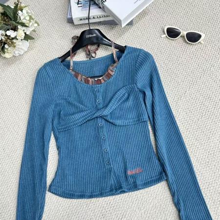 FA52866# 冬季新款原创打底衫撞色假两件修身扭结挂脖T恤女  服裝批發女裝批發服飾貨源