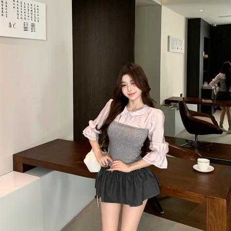 FA52867# 木耳边遮胯显瘦A字半身裙女花边长袖衬衫针织拼接上衣  服裝批發女裝批發服飾貨源