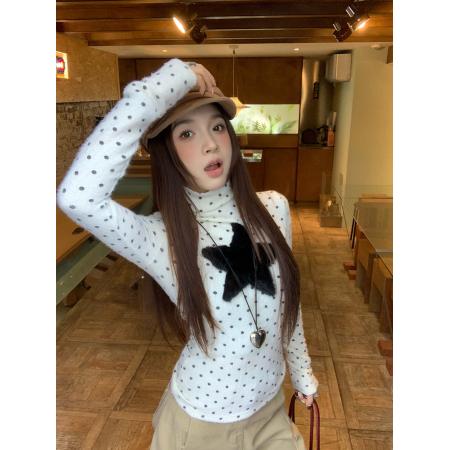 FA52868# 堆堆领波点内搭打底衫女长袖修身高领上衣秋冬  服裝批發女裝批發服飾貨源