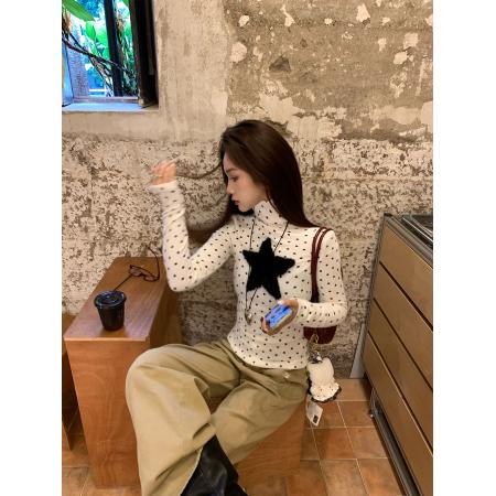 FA52868# 堆堆领波点内搭打底衫女长袖修身高领上衣秋冬  服裝批發女裝批發服飾貨源