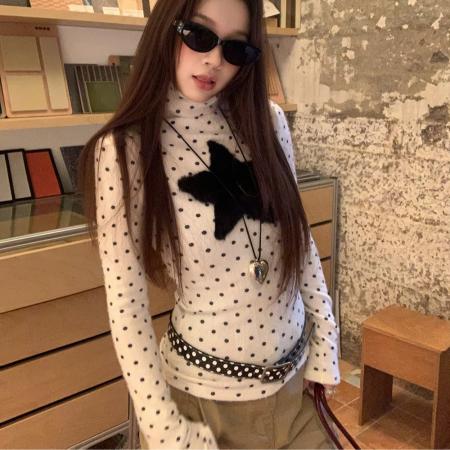 FA52868# 堆堆领波点内搭打底衫女长袖修身高领上衣秋冬  服裝批發女裝批發服飾貨源