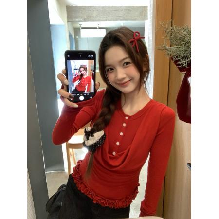 FA52870# 复古荡领撞色纽扣假两件修身长袖针织T恤  服裝批發女裝批發服飾貨源