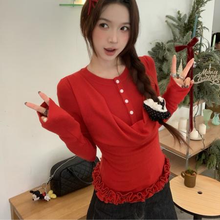 FA52870# 复古荡领撞色纽扣假两件修身长袖针织T恤  服裝批發女裝批發服飾貨源