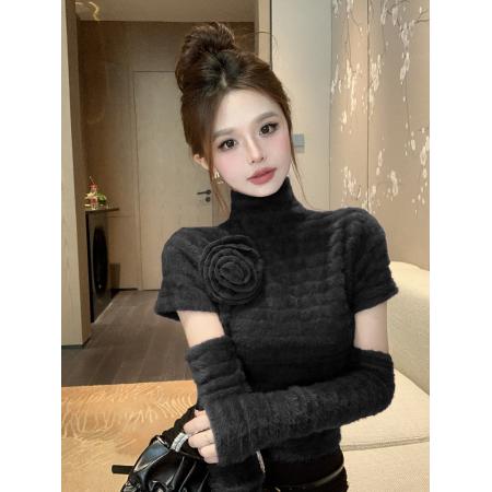 FA52871# 小香风花朵针织衫女秋冬纯欲法式上衣半高领打底衫毛衣  服裝批發女裝批發服飾貨源