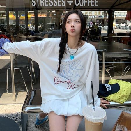 FA52877# 棉春装长袖T恤女宽松上衣印花  服裝批發女裝批發服飾貨源