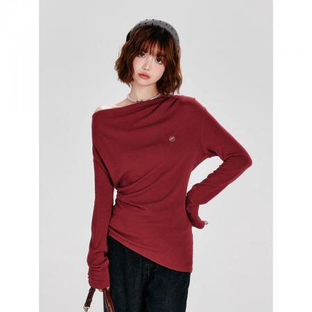 FA52882# 斜领长袖t恤不规则百搭打底衫上衣  服裝批發女裝批發服飾貨源