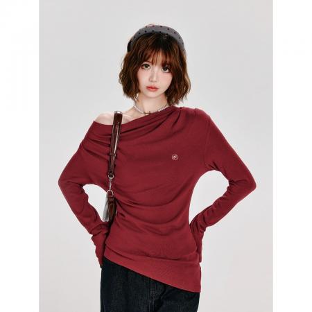 FA52882# 斜领长袖t恤不规则百搭打底衫上衣  服裝批發女裝批發服飾貨源