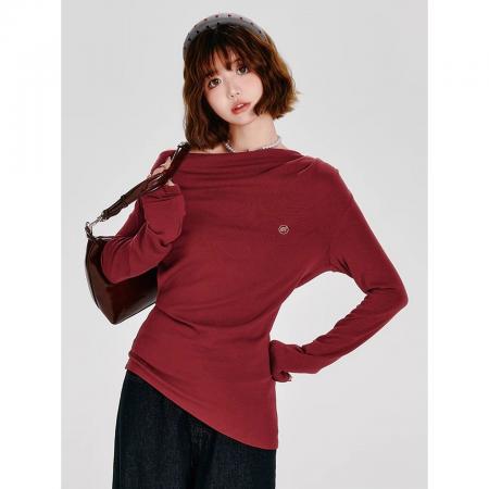 FA52882# 斜领长袖t恤不规则百搭打底衫上衣  服裝批發女裝批發服飾貨源