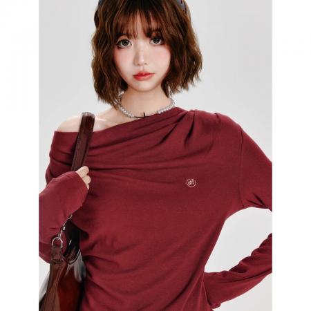 FA52882# 斜领长袖t恤不规则百搭打底衫上衣  服裝批發女裝批發服飾貨源