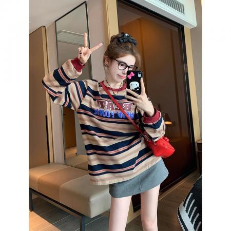 FA52883# 多巴胺秋季美式复古长袖打底衫上衣  服裝批發女裝批發服飾貨源