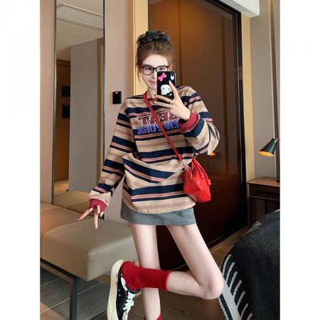 FA52883# 多巴胺秋季美式复古长袖打底衫上衣  服裝批發女裝批發服飾貨源