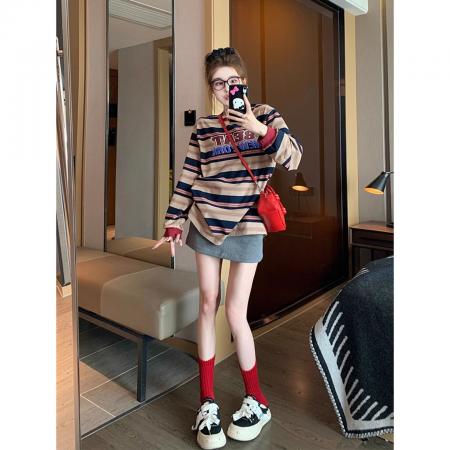 FA52883# 多巴胺秋季美式复古长袖打底衫上衣  服裝批發女裝批發服飾貨源