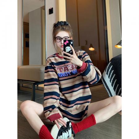 FA52883# 多巴胺秋季美式复古长袖打底衫上衣  服裝批發女裝批發服飾貨源