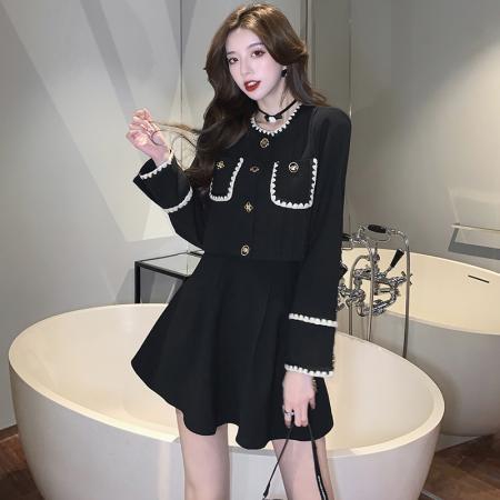 FA52884# 秋冬新款韩系名媛气质设计小香风高级感蓬蓬裙黑色套装  服裝批發女裝批發服飾貨源