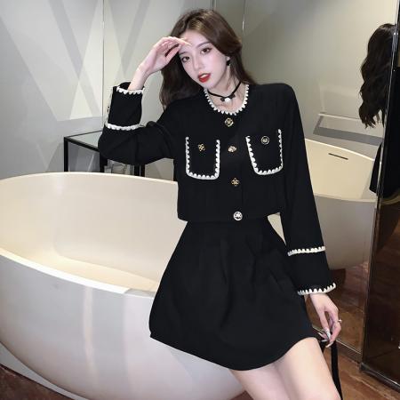 FA52884# 秋冬新款韩系名媛气质设计小香风高级感蓬蓬裙黑色套装  服裝批發女裝批發服飾貨源