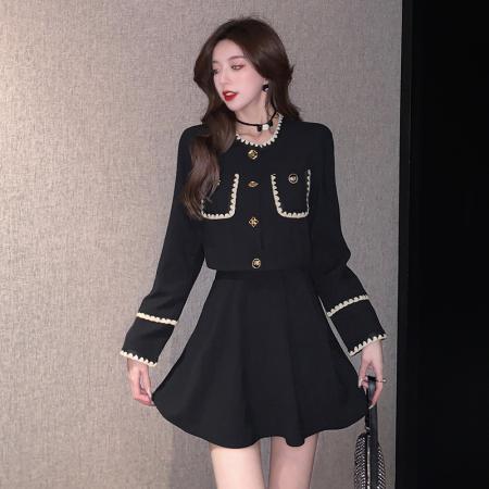 FA52884# 秋冬新款韩系名媛气质设计小香风高级感蓬蓬裙黑色套装  服裝批發女裝批發服飾貨源