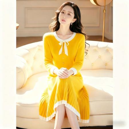 FA52888# 法式小香风收腰黄色毛衣连衣裙外穿冬季加厚内搭打底针织裙子  服裝批發女裝批發服飾貨源