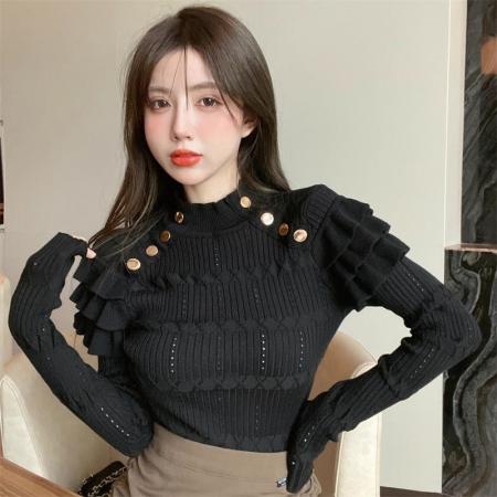 FA52894# 法式复古小众毛衣女秋冬款叠层花边针织半高领显瘦打底衫显瘦上衣  服裝批發女裝批發服飾貨源