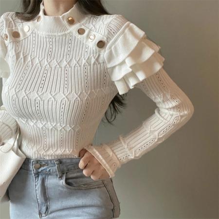 FA52894# 法式复古小众毛衣女秋冬款叠层花边针织半高领显瘦打底衫显瘦上衣  服裝批發女裝批發服飾貨源