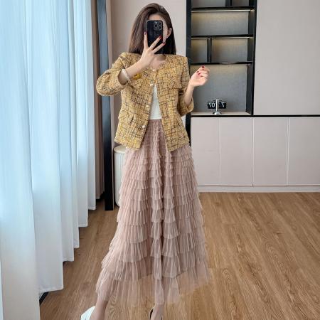 FA52896# 小香风外套女秋高级感上衣+网纱蓬蓬蛋糕裙法式半身裙  服裝批發女裝批發服飾貨源
