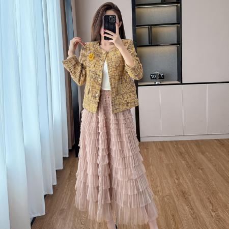 FA52896# 小香风外套女秋高级感上衣+网纱蓬蓬蛋糕裙法式半身裙  服裝批發女裝批發服飾貨源