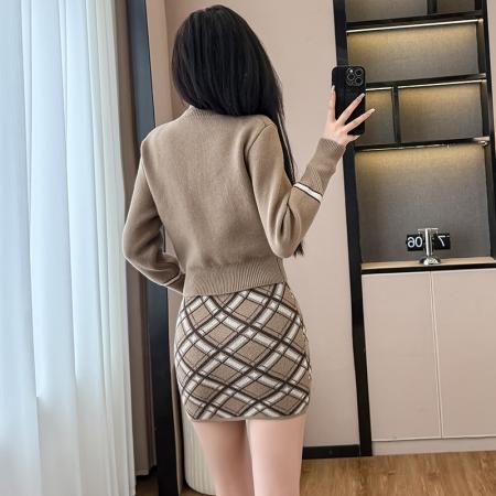 FA52897# 套装女秋季新款美拉德短款修身针织开衫吊带背心高腰格纹半裙  服裝批發女裝批發服飾貨源