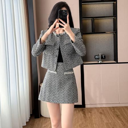 FA52900# 赵丽颖同款秋冬新款人字纹灰混色小香风重工镶钻钻饰外套套装  服裝批發女裝批發服飾貨源