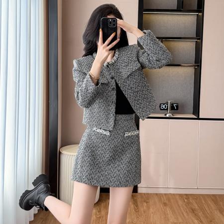 FA52900# 赵丽颖同款秋冬新款人字纹灰混色小香风重工镶钻钻饰外套套装  服裝批發女裝批發服飾貨源