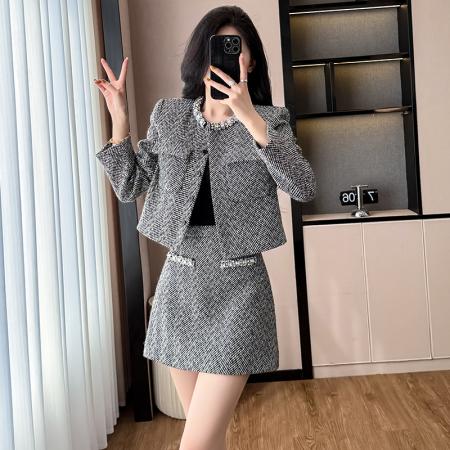 FA52900# 赵丽颖同款秋冬新款人字纹灰混色小香风重工镶钻钻饰外套套装  服裝批發女裝批發服飾貨源