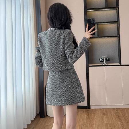 FA52900# 赵丽颖同款秋冬新款人字纹灰混色小香风重工镶钻钻饰外套套装  服裝批發女裝批發服飾貨源