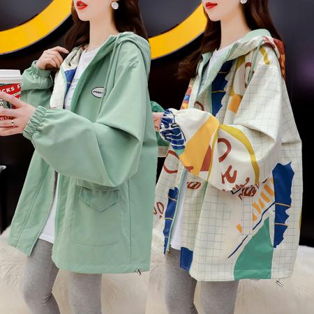 FA52902# 设计感格子涂鸦两面反穿连帽外套女 服裝批發女裝批發服飾貨源