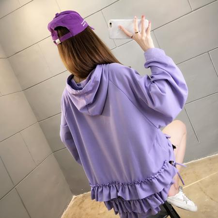 FA52903# 棉秋季设计感纯色拼接花边长袖连帽卫衣女 服裝批發女裝批發服飾貨源