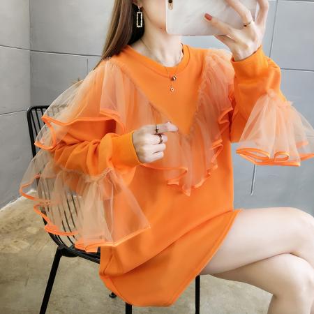 FA52904# 棉春秋宽松设计感蕾丝拼接中长款长袖卫衣女 服裝批發女裝批發服飾貨源