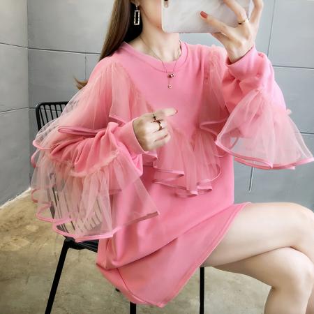 FA52904# 棉春秋宽松设计感蕾丝拼接中长款长袖卫衣女 服裝批發女裝批發服飾貨源