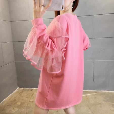 FA52904# 棉春秋宽松设计感蕾丝拼接中长款长袖卫衣女 服裝批發女裝批發服飾貨源