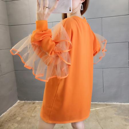 FA52904# 棉春秋宽松设计感蕾丝拼接中长款长袖卫衣女 服裝批發女裝批發服飾貨源