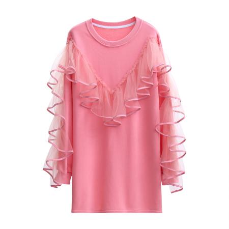 FA52904# 棉春秋宽松设计感蕾丝拼接中长款长袖卫衣女 服裝批發女裝批發服飾貨源