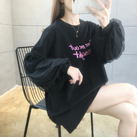 FA52907# 棉春秋韩版设计感网纱拼接泡泡袖长袖卫衣女 服裝批發女裝批發服飾貨源
