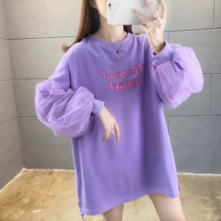 FA52907# 棉春秋韩版设计感网纱拼接泡泡袖长袖卫衣女 服裝批發女裝批發服飾貨源