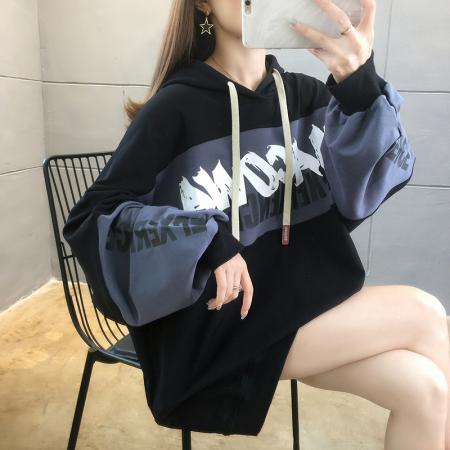 FA52908# 棉中长款超火插色字母印花连帽长袖卫衣女 服裝批發女裝批發服飾貨源