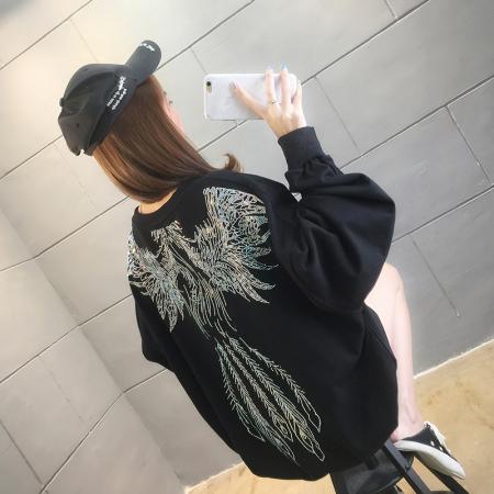 FA52910# 棉春秋中长款凤凰烫钻圆领长袖薄款卫衣女 服裝批發女裝批發服飾貨源