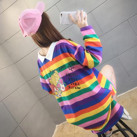 FA52912# 中长款POLO领彩虹条纹长袖学生T恤女 服裝批發女裝批發服飾貨源