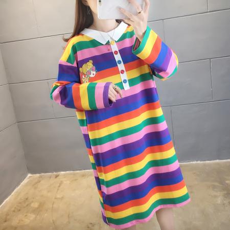 FA52912# 中长款POLO领彩虹条纹长袖学生T恤女 服裝批發女裝批發服飾貨源