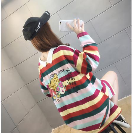 FA52912# 中长款POLO领彩虹条纹长袖学生T恤女 服裝批發女裝批發服飾貨源