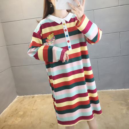 FA52912# 中长款POLO领彩虹条纹长袖学生T恤女 服裝批發女裝批發服飾貨源