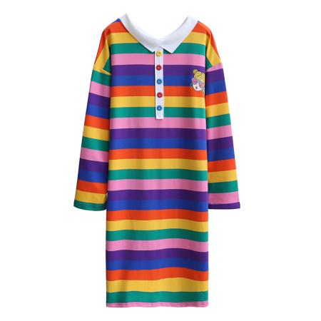 FA52912# 中长款POLO领彩虹条纹长袖学生T恤女 服裝批發女裝批發服飾貨源